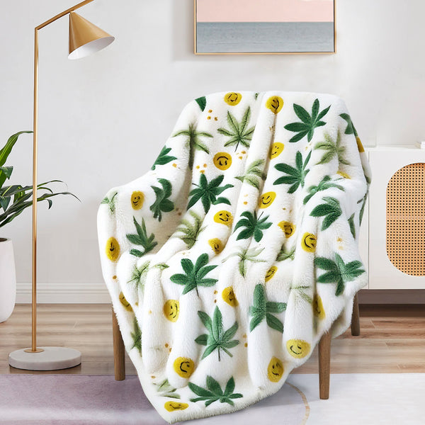 White Green Smiling Face Soft Plush Fleece Cozy Throw Blanket - 50" x 70"