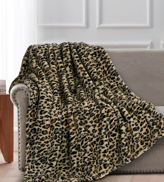 Beige Black Cheetah Animal Print Soft Plush Faux Fur Throw Blanket - 50" x 70"