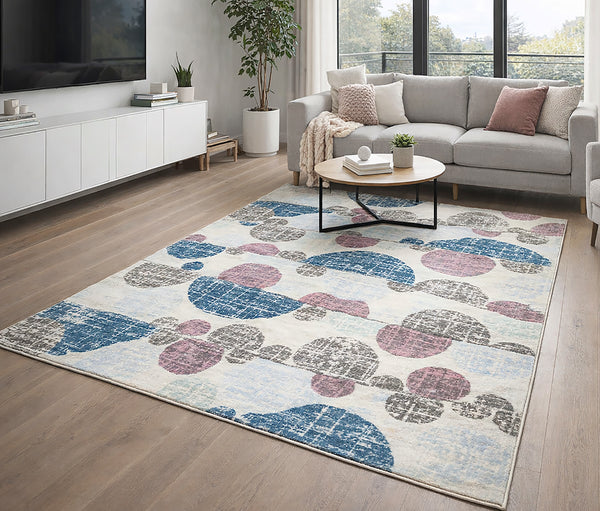 Modern Beige Pink Blue Polka Dots Circles Area Rug