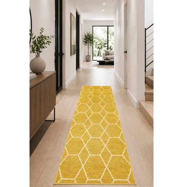 Yellow Modern Geometric Moroccan Trellis Hallway Runner Rug – 2' x 10'