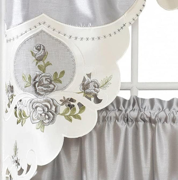 Grey Ivory Floral Embroidery Kitchen Curtain 3PC Set Swag & Tiers Set