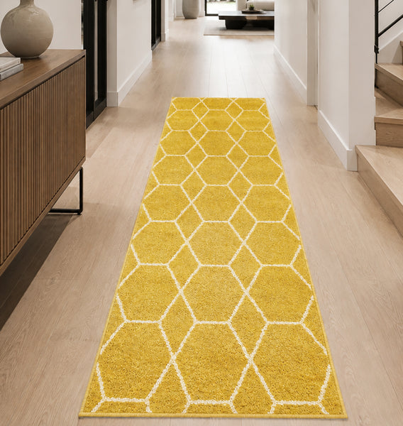 Yellow Modern Geometric Moroccan Trellis Hallway Runner Rug – 2' x 10'