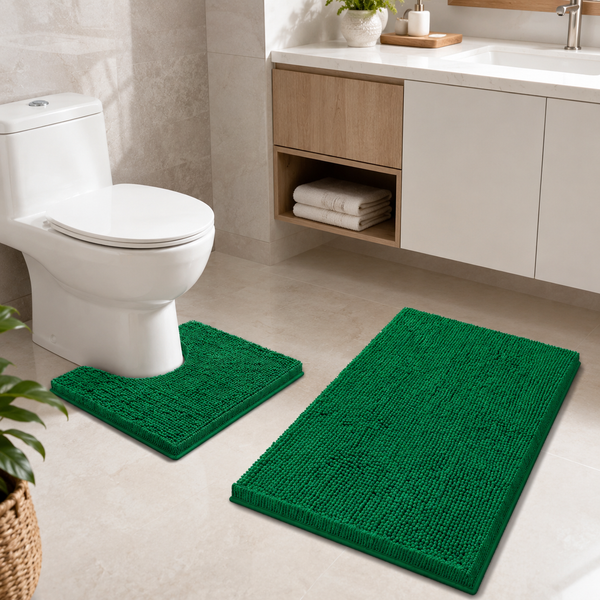 2pc Chenille Bath Mat Set, 20"x30" Rectangular Rug and 20"x20" Contour Toilet Mat, Hunter Green