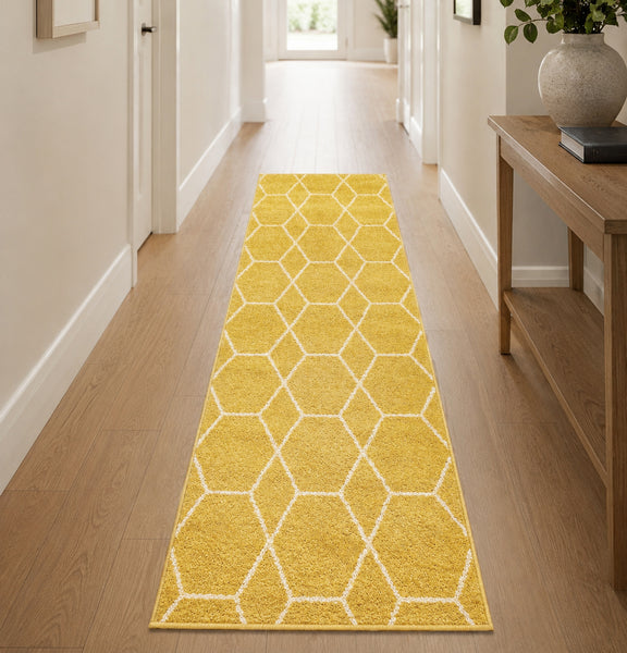 Yellow Modern Geometric Moroccan Trellis Hallway Runner Rug – 2' x 10'