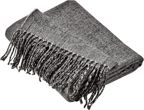 Charcoal Grey Textured Woven Soft Cozy Throw Blanket with Fringe Tassels – 50"x60"