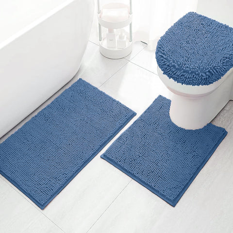 3 Piece Set Blue Soft Cozy Plush Chenille Bath Mat Highly Absorbent Bathroom Rug