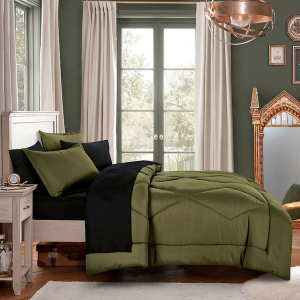 7 Piece Green Black Geometric Solid  Modern Comforter Set Soft Bedding