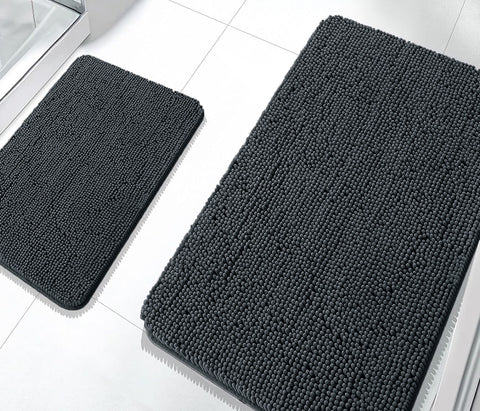 2 Piece Set Charcoal Soft Cozy Plush Chenille Bath Mat Bathroom Rug