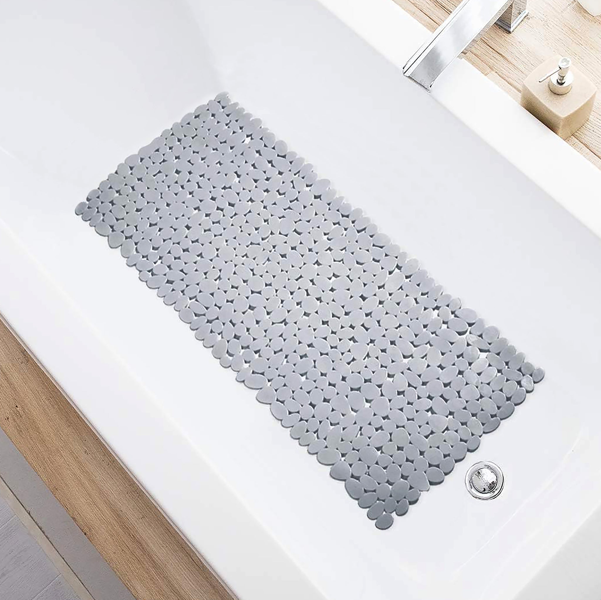 28" x 14" - Light Grey Stone Pebbles Vinyl Non-Slip Bathtub Shower Mat With Suction Cups