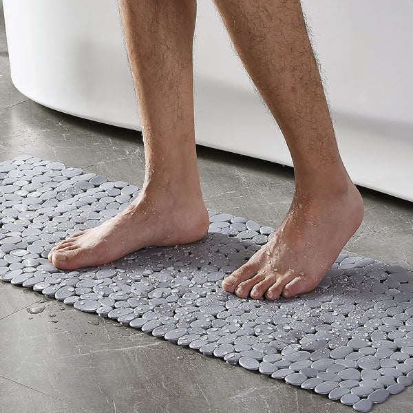 28" x 14" - Light Grey Stone Pebbles Vinyl Non-Slip Bathtub Shower Mat With Suction Cups