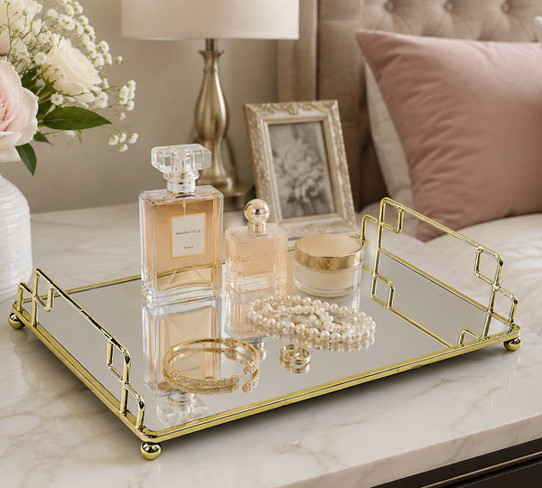 Gold Mirrored Vanity Tray with Decorative Metal Frame – Rectangular Bathroom Counter & Dresser Organizer for Perfume, Cosmetics, Jewelry & Accessories