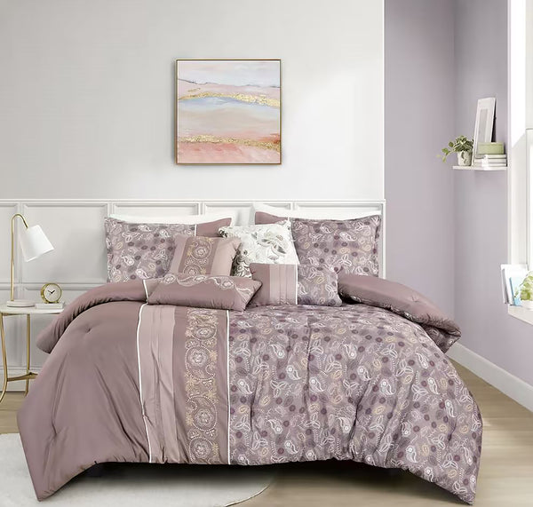 7 Piece Floral Dusty Mauve Comforter Set Soft Bedding