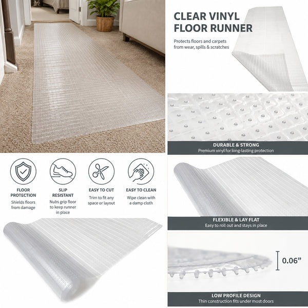 Clear Vinyl Ribbed Carpet Runner Protector with Gripper Backing for Carpeted Floors, Heavy-Duty Hallway & High-Traffic Floor Protection - 27" Wide