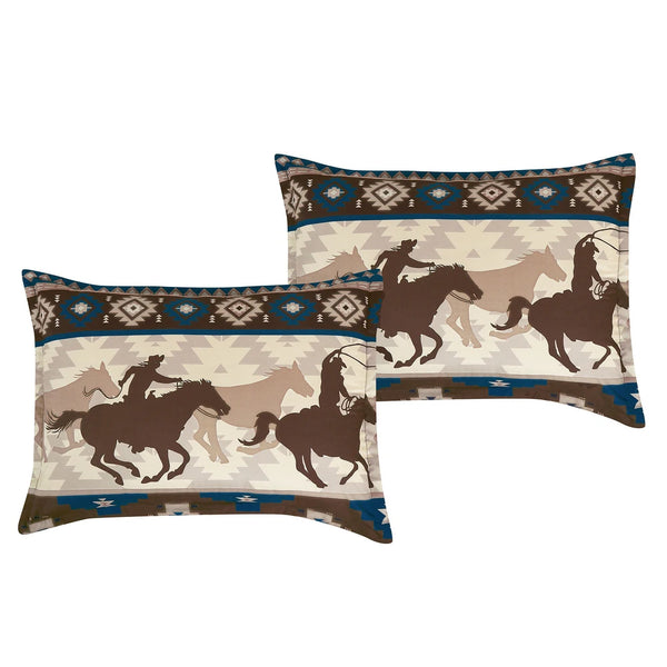7 Piece Blue Brown Southwestern Cowboys Cabin Comforter Set Embroidery Soft Bedding