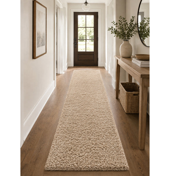 Beige Soft Plush Thick Textured Shag Runner Rug – 2'6" x 16'5"