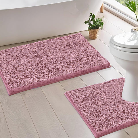 2 Piece Set Mauve Soft Cozy Plush Chenille Bath Mat Bathroom Rug