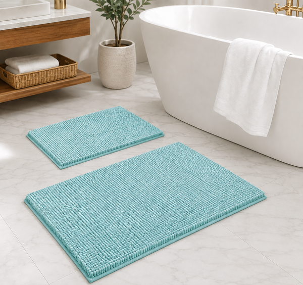 Large 2 Piece Set Spa Blue Soft Cozy Plush Chenille Bath Mat Bathroom Rug