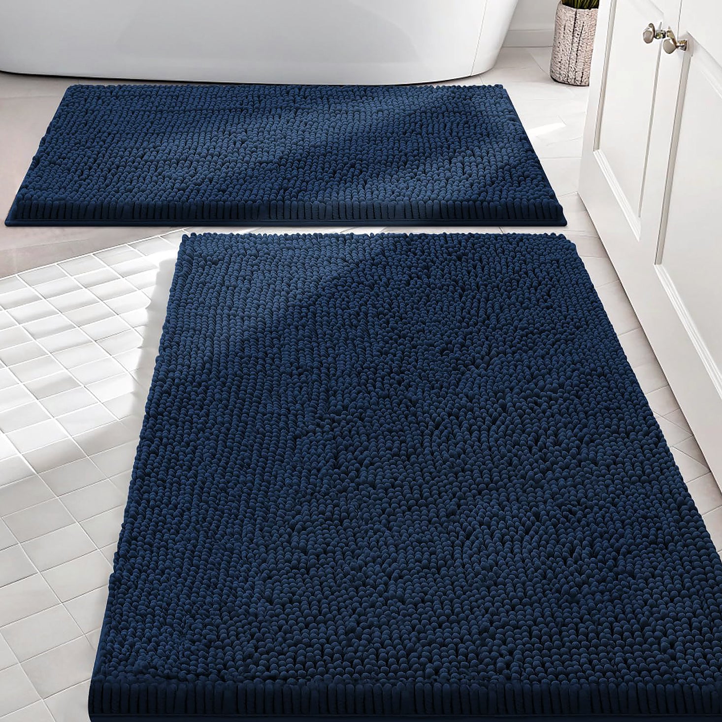 Large 2 Piece Set Navy Blue Soft Cozy Plush Chenille Bath Mat Bathroom Rug