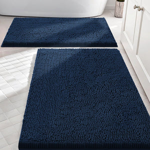 Large 2 Piece Set Navy Blue Soft Cozy Plush Chenille Bath Mat Bathroom Rug