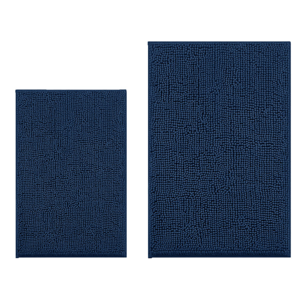 Large 2 Piece Set Navy Blue Soft Cozy Plush Chenille Bath Mat Bathroom Rug