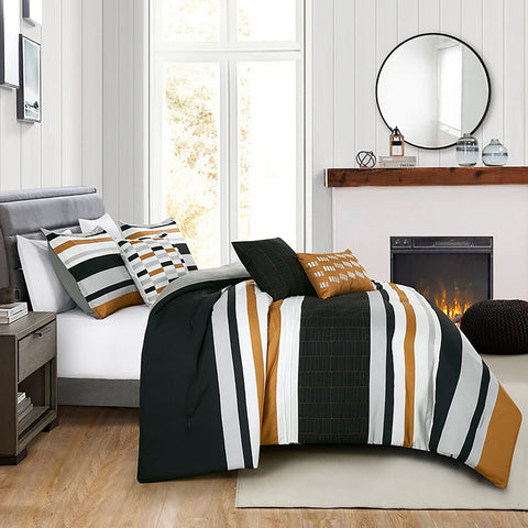 6 Piece White Black & Gold Comforter Set Embroidery Soft Bedding