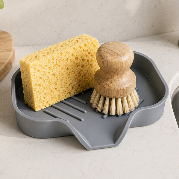 Set of 2 - Silicon Grey Sponge Holder Sink Bathroom Organizer Mat With Drain Spout