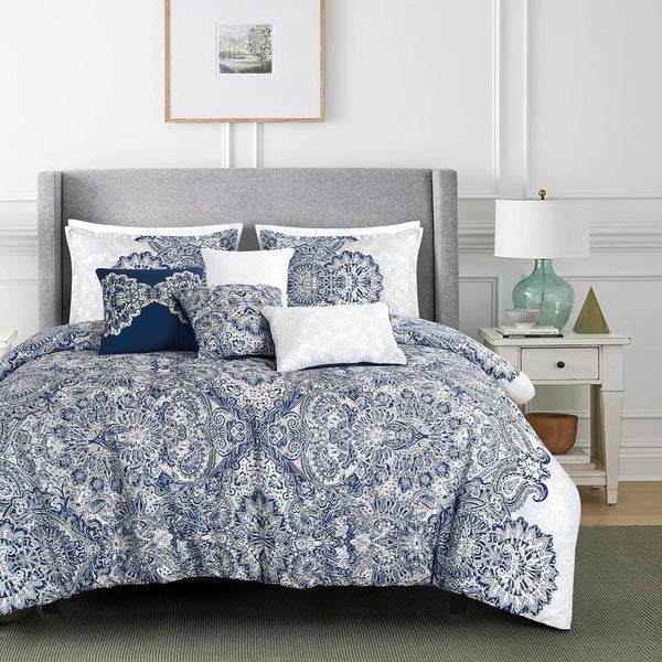 7 Piece Blue White Paisley Bedding Comforter Set