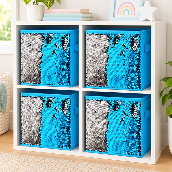 4 Pack Set Blue Silver Collapsible Fabric Storage Cube Bin Decorative Organizer Basket with Reversible Sequins - 10" Tall
