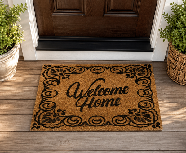 Heavy Duty Welcome Home Coconut Coir Decorative Floral Scrollwork Entryway Door Mat - 17"x29"