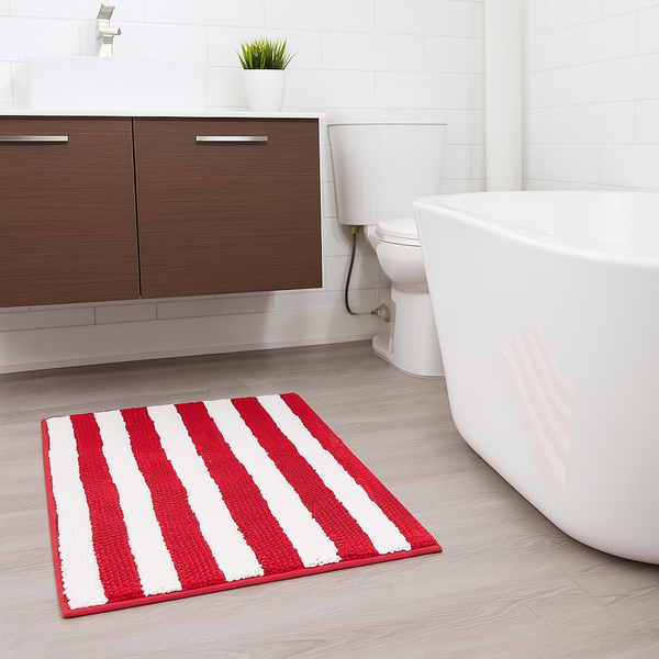 Red White Stripe Soft Cozy Plush Chenille Bath Mat Bathroom Rug - 23" x 15"