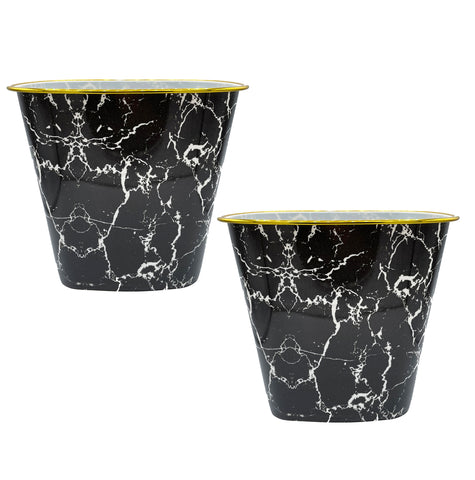 10" Tall Black White Marble Look Plastic 1.7 Gallon Trash Can Wastebasket - Set of 2