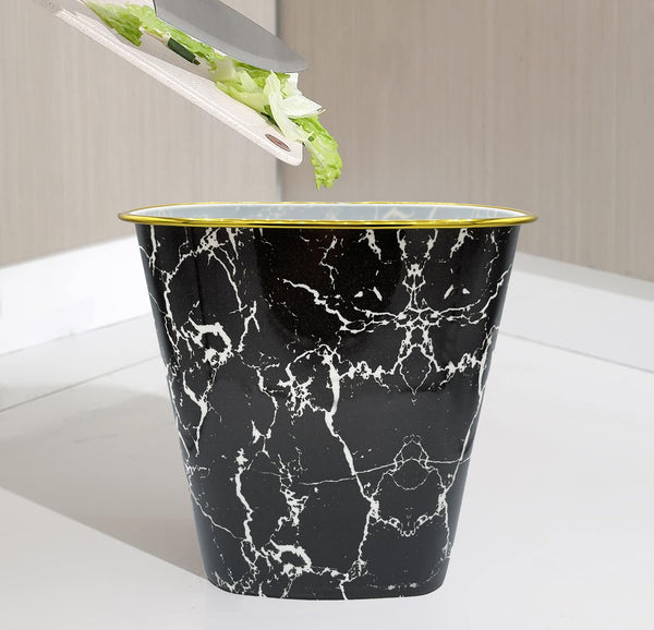 10" Tall Black White Marble Look Plastic 1.7 Gallon Trash Can Wastebasket - Set of 2
