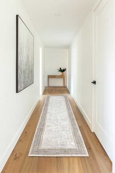 2'6" x 10' - Beige Grey Cream Distressed Modern Thick Plush Runner Rug
