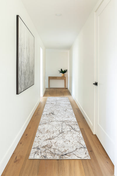 2'6" x 10' - Abstract Beige Grey Cream Distressed Modern Thick Plush Runner Rug