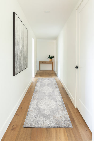 2'6" x 10' - Beige Grey Cream Distressed Modern Thick Plush Runner Rug