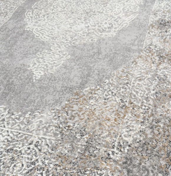 2'6" x 10' - Beige Grey Cream Distressed Modern Thick Plush Runner Rug