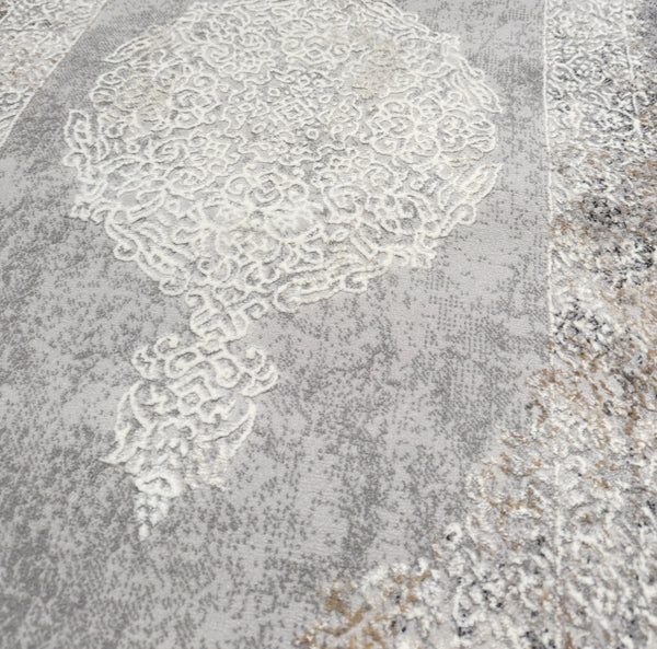 2'6" x 10' - Beige Grey Cream Distressed Modern Thick Plush Runner Rug