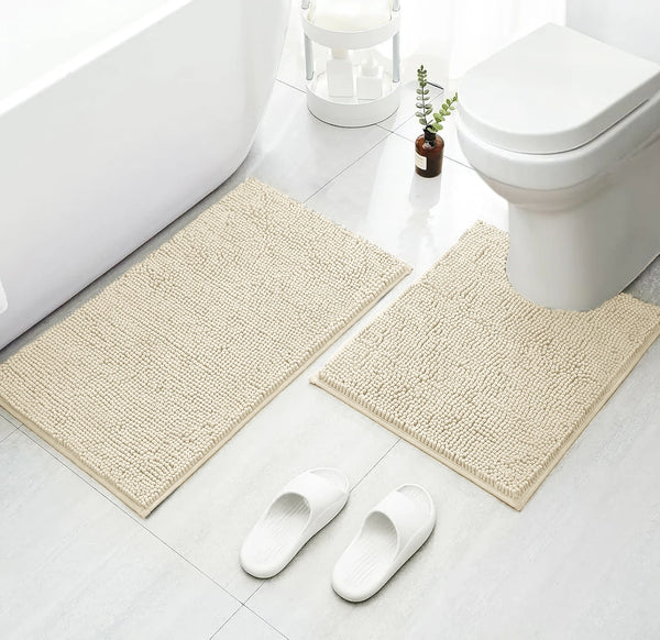 2 Piece Set Cream Soft Cozy Plush Chenille Bath Mat Bathroom Rug