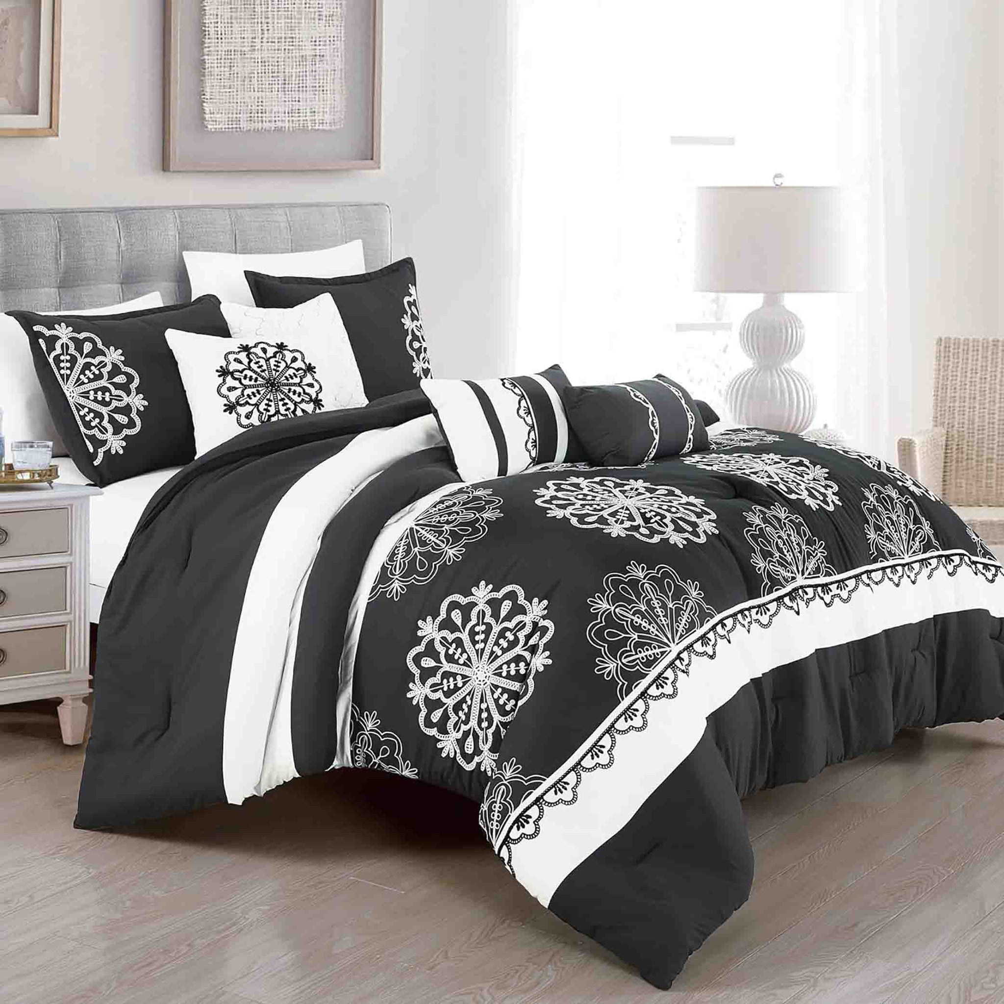 7 Piece Black White Striped Comforter Set Embroidery Soft Bedding