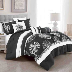 7 Piece Black White Striped Comforter Set Embroidery Soft Bedding