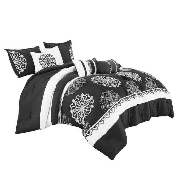 7 Piece Black White Striped Comforter Set Embroidery Soft Bedding