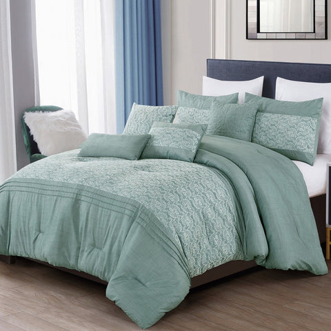 Queen Size 7 Piece Comforter Set Floral Embroidery Light Green Soft Bedding Set