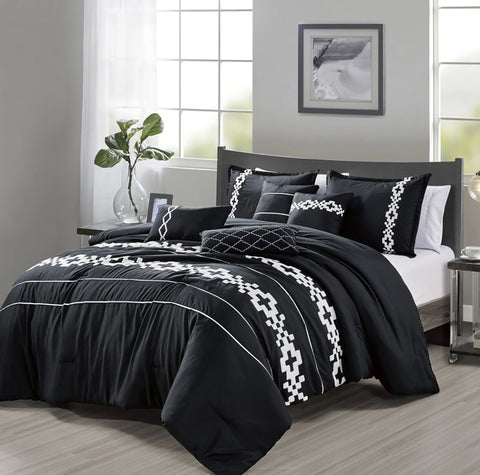7 Piece Black White Boho Comforter Set Modern Embroidery Soft Bedding
