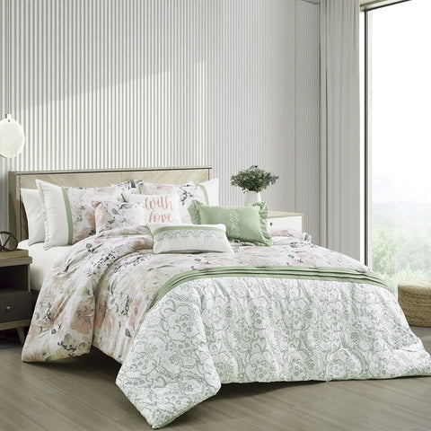 7 Piece White & Green Floral Comforter Set Embroidery Soft Bedding