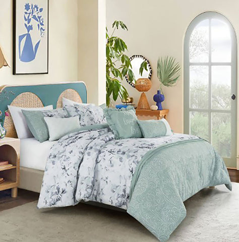 7 Piece Teal Floral Comforter Set Embroidery Soft Bedding