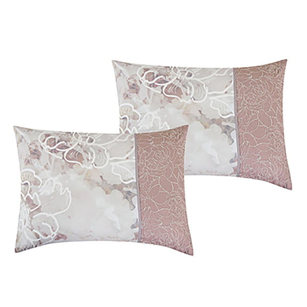 7 Piece Pink & White Floral Comforter Set Embroidery Soft Bedding