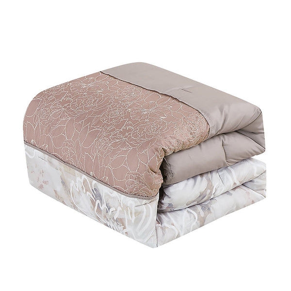7 Piece Pink & White Floral Comforter Set Embroidery Soft Bedding