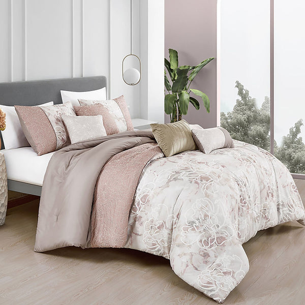 7 Piece Pink & White Floral Comforter Set Embroidery Soft Bedding