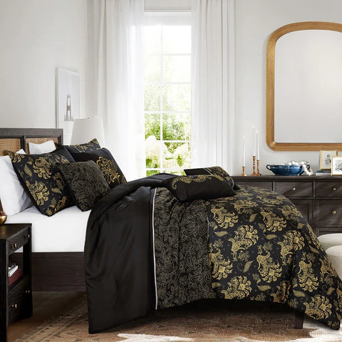 7 Piece Black & Gold Floral Comforter Set Embroidery Soft Bedding