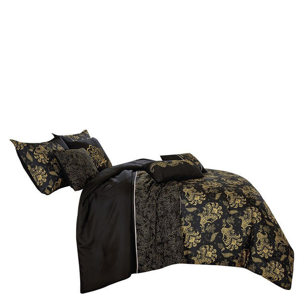 7 Piece Black & Gold Floral Comforter Set Embroidery Soft Bedding